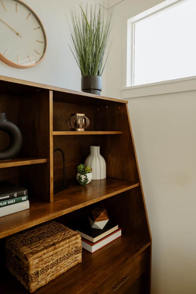 close up of open shelves decorated nicely