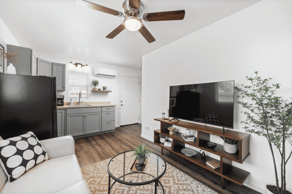 small apartment living room with TV and kitchenette