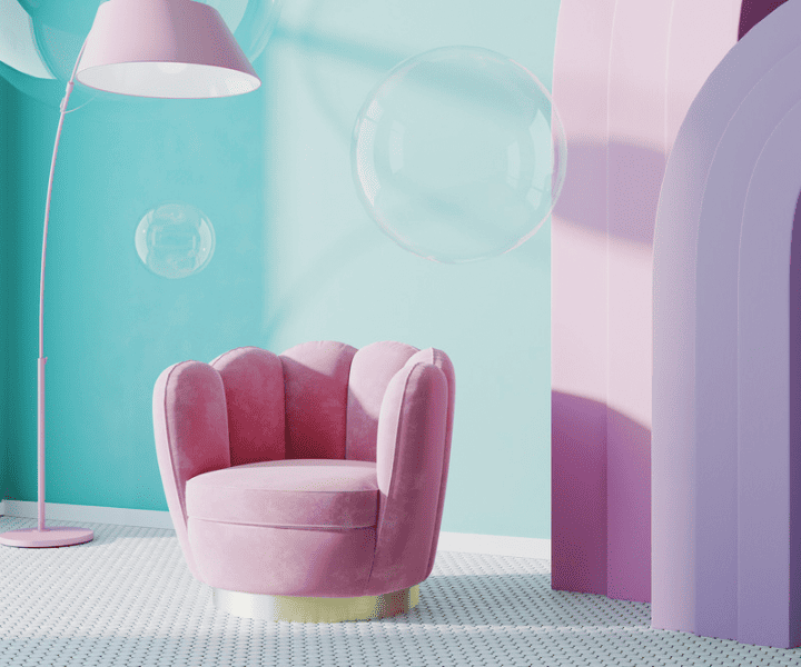 pink accent chair and pink lamp