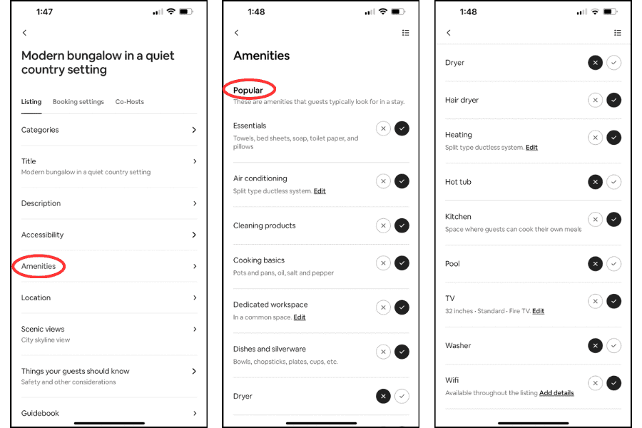 screenshot of Airbnb amenities list on the host app