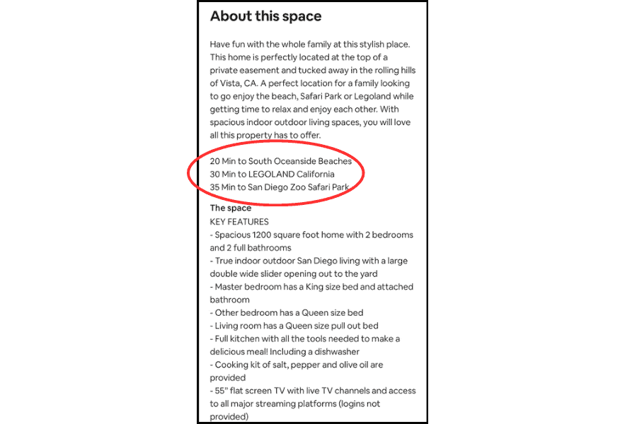 screenshot of Airbnb listing description