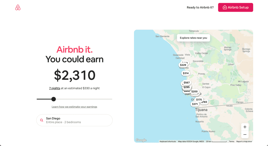 screenshot of the Airbnb estimated earnings page