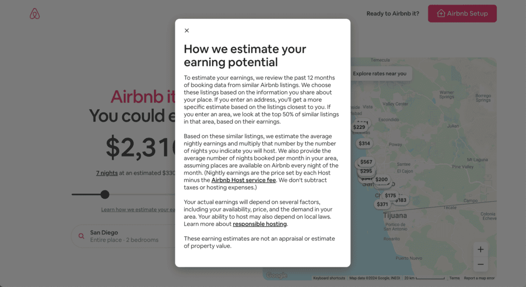 screenshot of Airbnb estimated earnings page