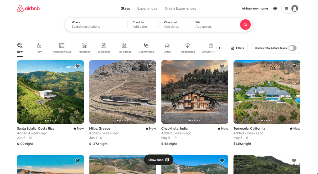 screenshot of the Airbnb home page