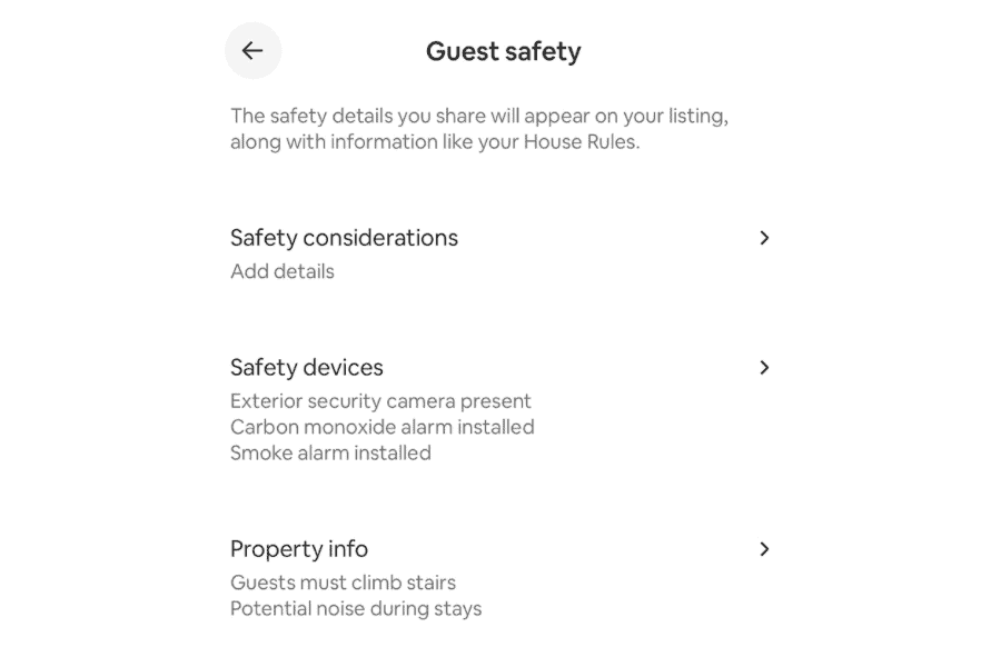 screenshot of the guest safety section on the airbnb app